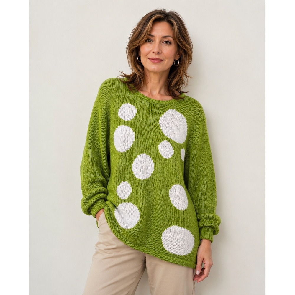 Nina Leonard Vintage Polka Dot Sweater Green White Ramie Cotton Oversized Medium